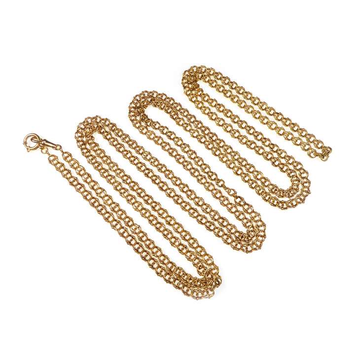Gold long chain necklace, with double ring links